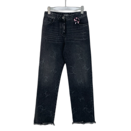 Chanel Black Gray Logo Print Denim Pants