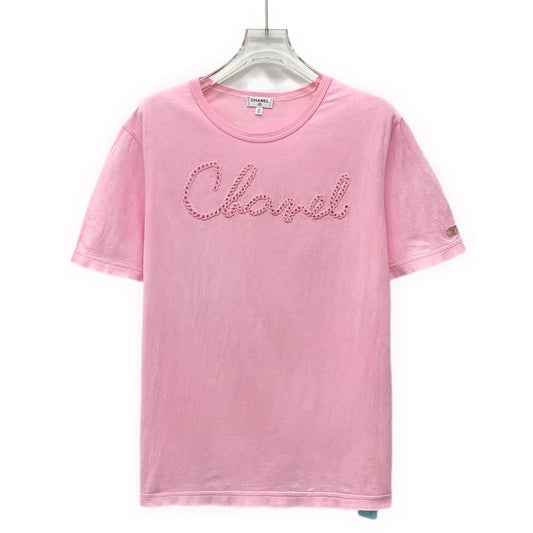 Chanel Pink Logo Embellished Short Sleeve T-Shirt-yf