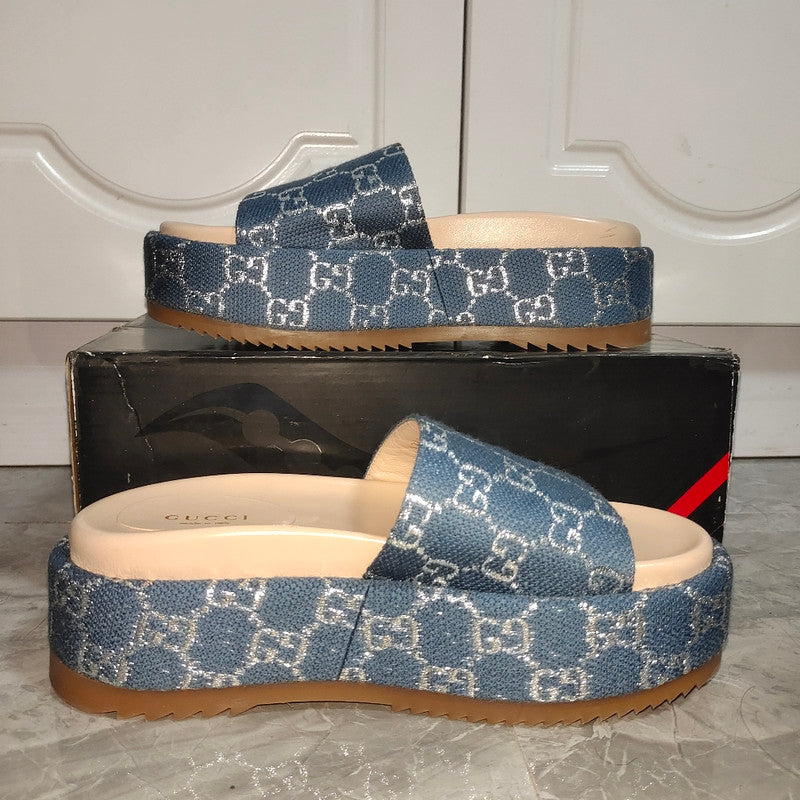 Gucci Blue and Brown Platform Slides 0079
