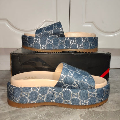 Gucci Blue and Brown Platform Slides 0079