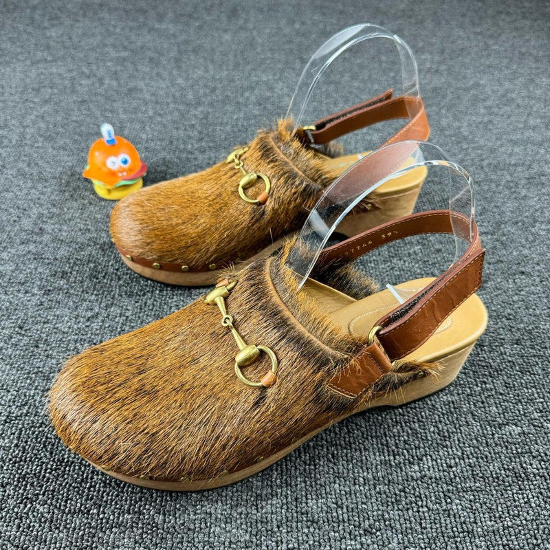 Gucci Brown Fur-Clad High Heel Clogs 0079