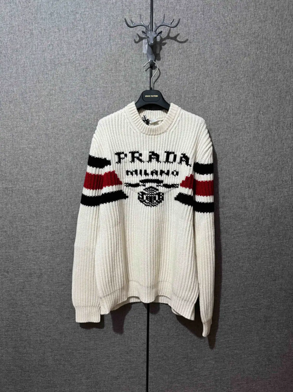 Prada Men's White Cashmere Embroidered Sweater