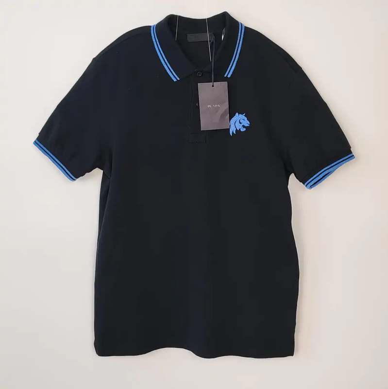 Prada Men's Black Polo Shirt with Blue Accents
