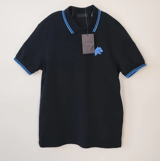 Prada Men's Black Polo Shirt with Blue Accents