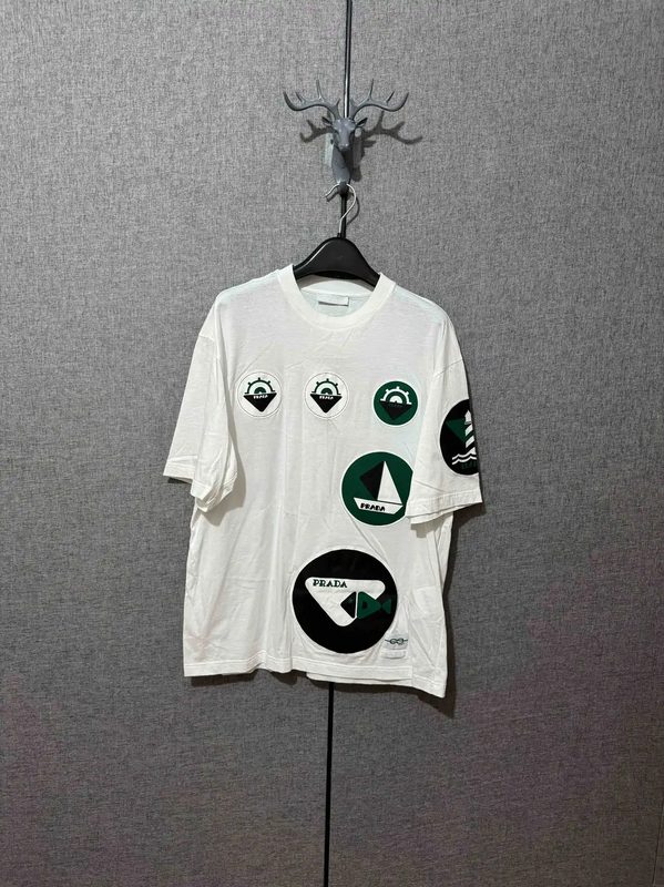 Prada Men's White Embroidered Logo T-Shirt
