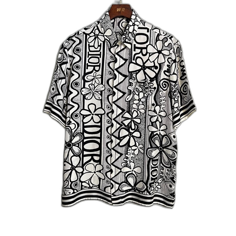 Dior Stussy Black White Floral Short Sleeve Shirt