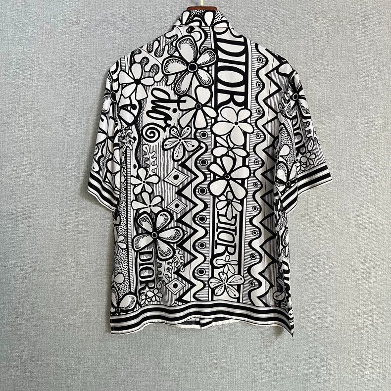 Dior Stussy Black White Floral Short Sleeve Shirt