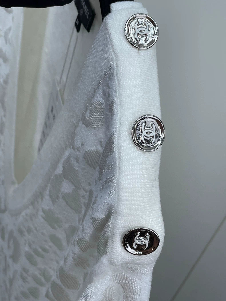 Chanel White Short Sleeve Dress with Pockets