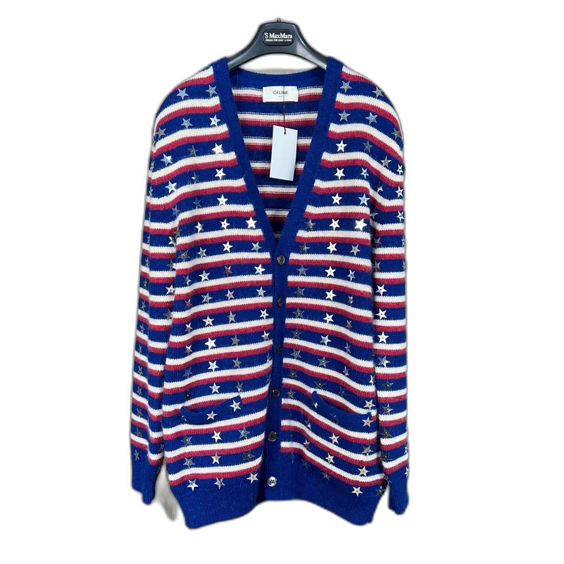 Celine Star Striped Wool Knit Cardigan
