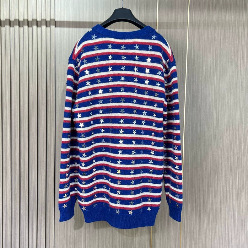 Celine Star Striped Wool Knit Cardigan