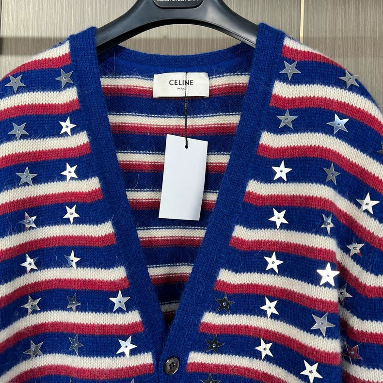 Celine Star Striped Wool Knit Cardigan