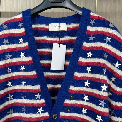 Celine Star Striped Wool Knit Cardigan