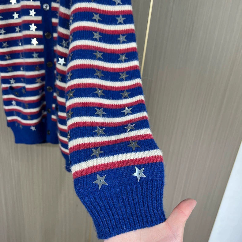 Celine Star Striped Wool Knit Cardigan