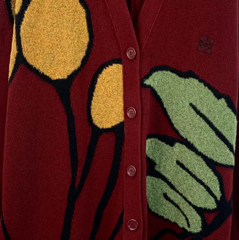 Loewe Red Wool Cardigan with Floral Design 0089