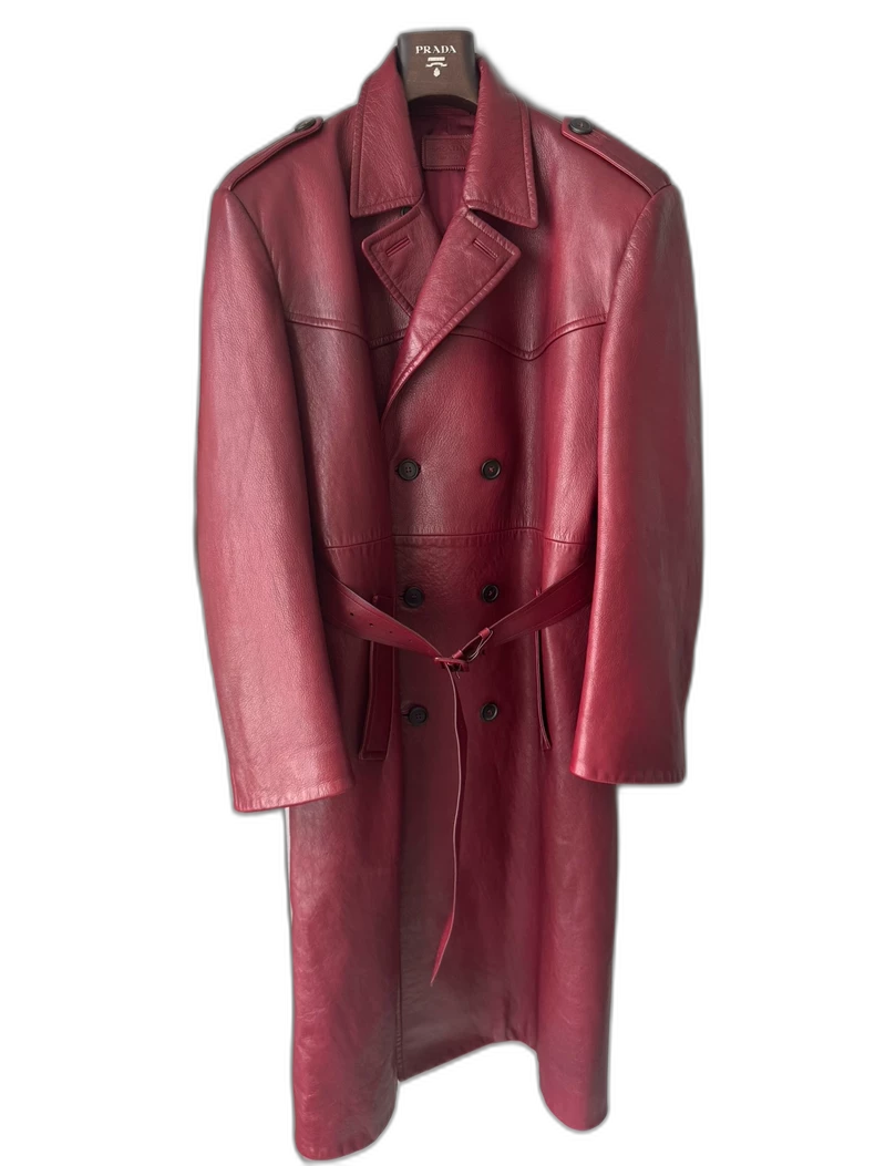 Prada Raf Simons Burgundy Leather Overcoat