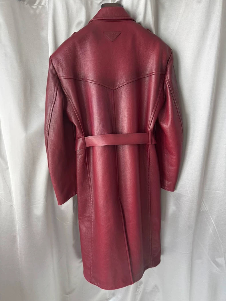 Prada Raf Simons Burgundy Leather Overcoat