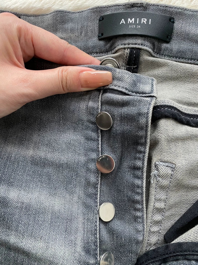 Amiri Distressed Gray Camo Patch Denim Pants