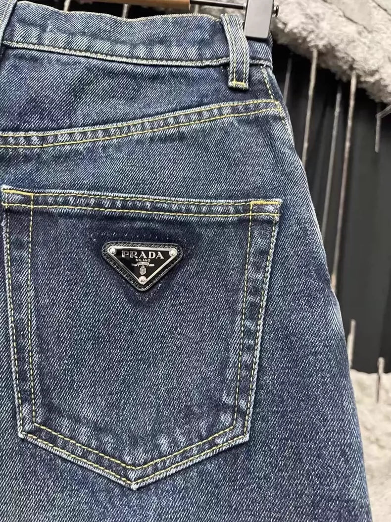 Prada Denim Pants with Metal Triangle Logo