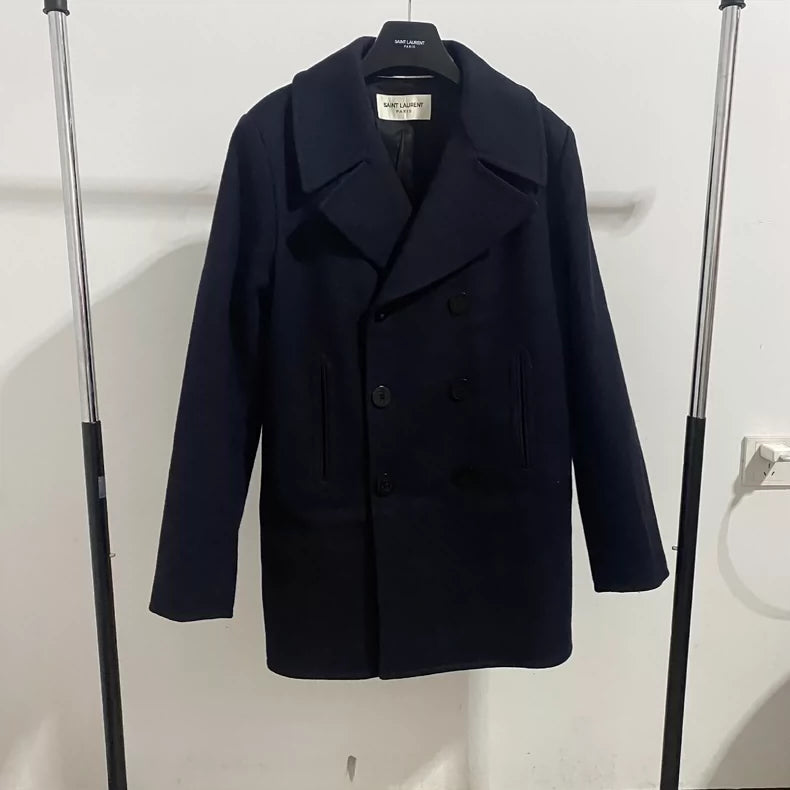 Saint Laurent Double-Breasted Navy Coat