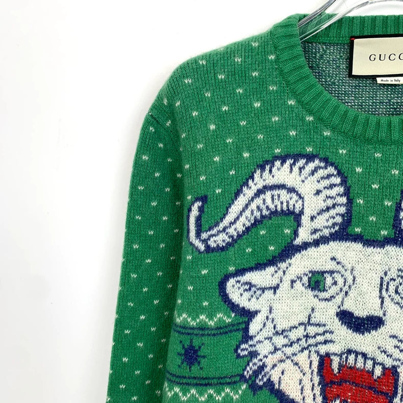 Gucci Green Ram Head Wool Sweater