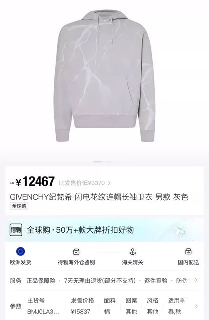 Givenchy Gray Lightning Pattern Hoodie