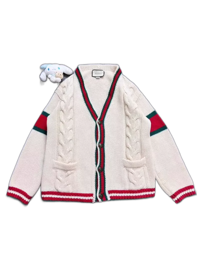 Gucci White Knit Cardigan with Red Green Stripes