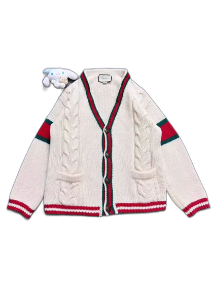 Gucci White Knit Cardigan with Red Green Stripes