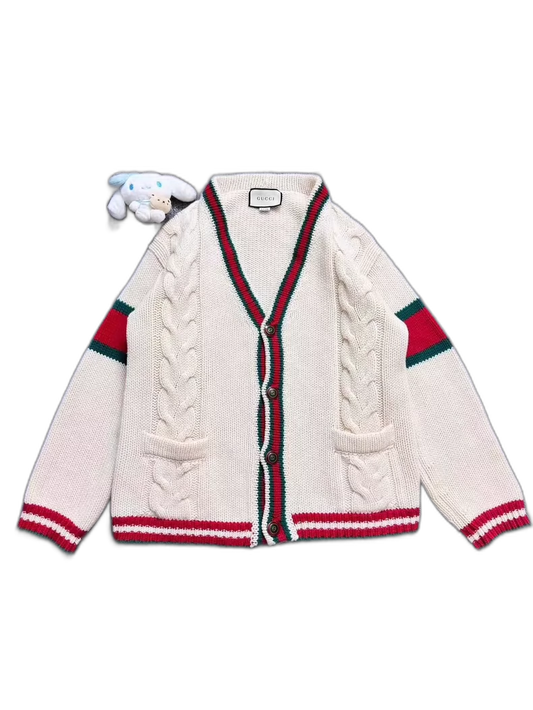 Gucci White Knit Cardigan with Red Green Stripes