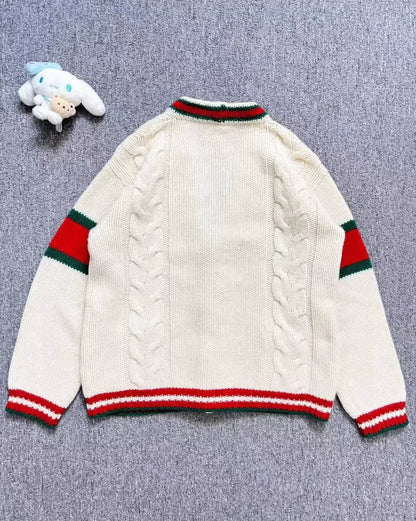 Gucci White Knit Cardigan with Red Green Stripes