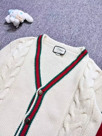 Gucci White Knit Cardigan with Red Green Stripes