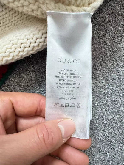Gucci White Knit Cardigan with Red Green Stripes