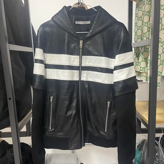 Givenchy Black Leather Men's Jacket with Hoodie 0089