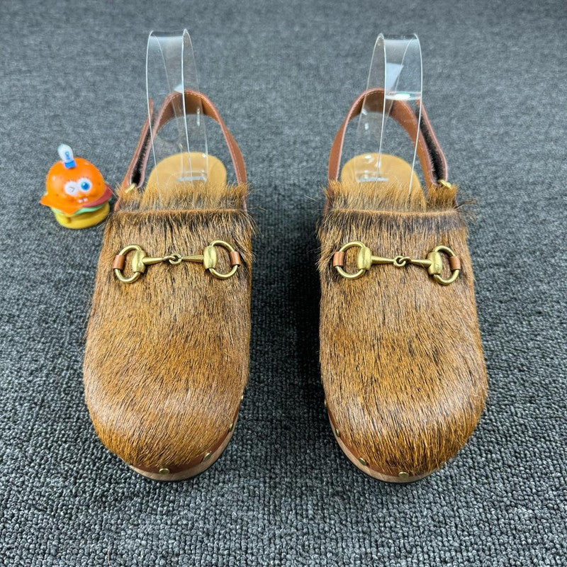 Gucci Brown Fur-Clad High Heel Clogs 0079