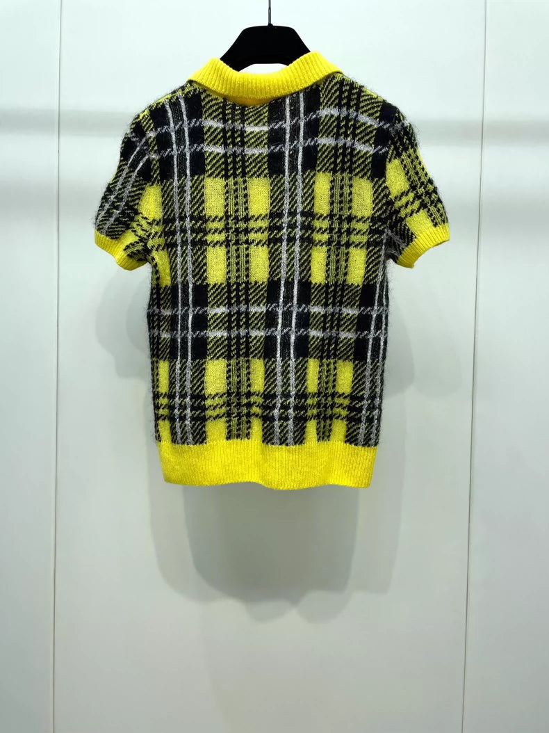 Dior Short Sleeve Knit Sweater with Plaid Pattern