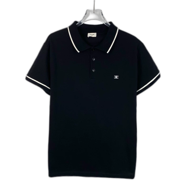 Black Celine Logo Embroidered Cotton Polo