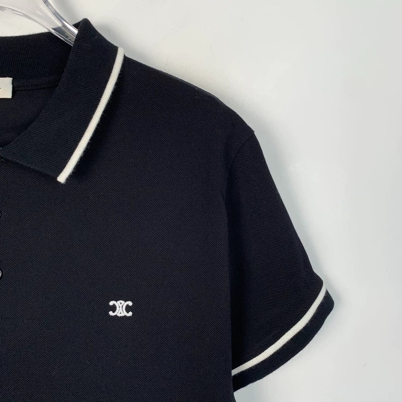 Black Celine Logo Embroidered Cotton Polo
