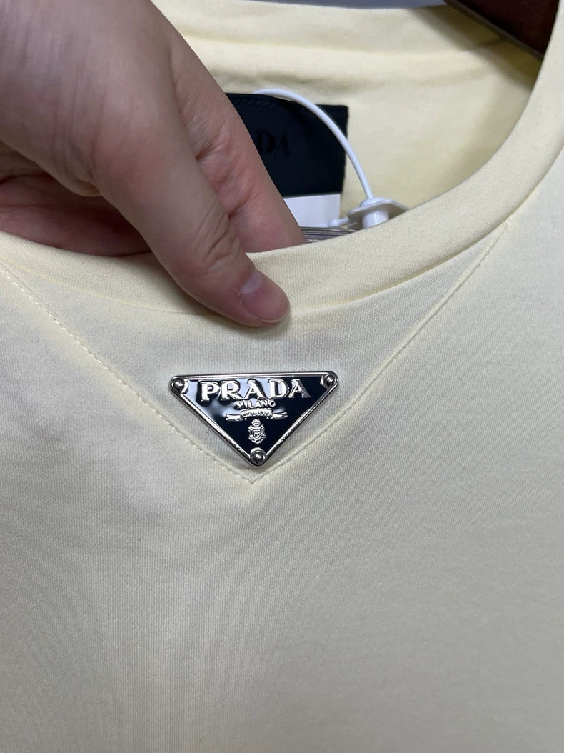 Prada Beige Triangle Logo Short-Sleeve Tee-yf