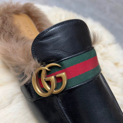 Gucci Princetown Black Fur Slide Slippers for Men 0079