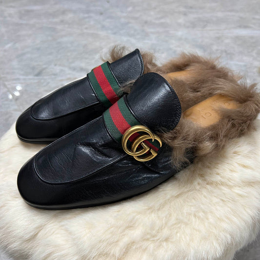 Gucci Princetown Black Fur Slide Sandals for Men 0079