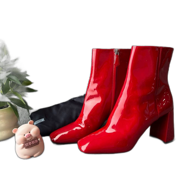 Prada Red Patent Leather Chunky Heeled Boots