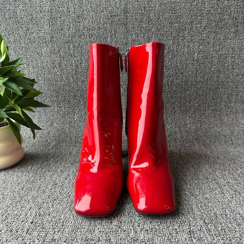 Prada Red Patent Leather Chunky Heeled Boots