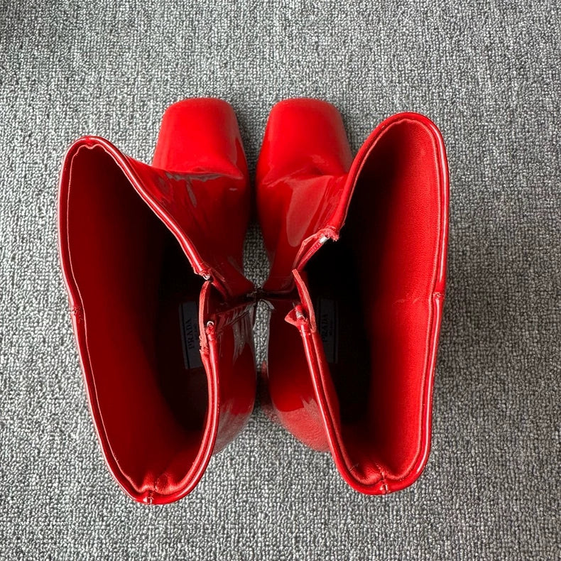 Prada Red Patent Leather Chunky Heeled Boots