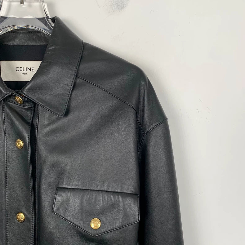 Celine Black Leather Long Sleeve Jacket
