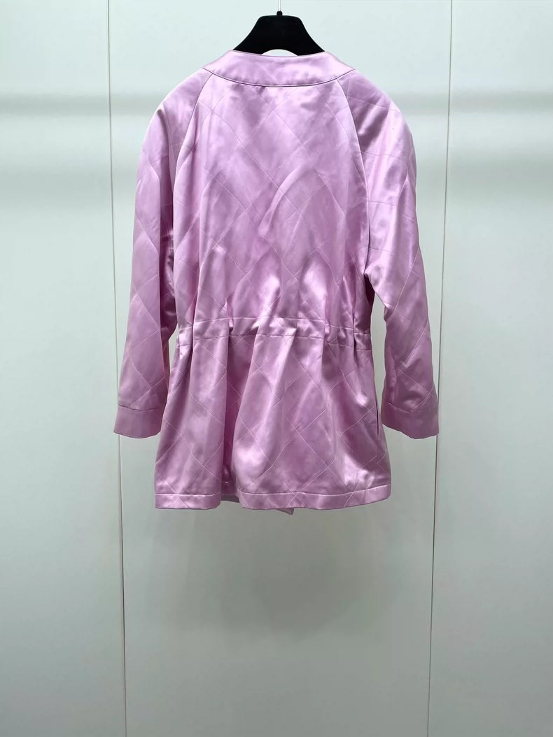 Pink Quilted Silk Jacket with Drawstring