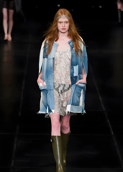 Saint Laurent Denim Cape with Fringe Detail