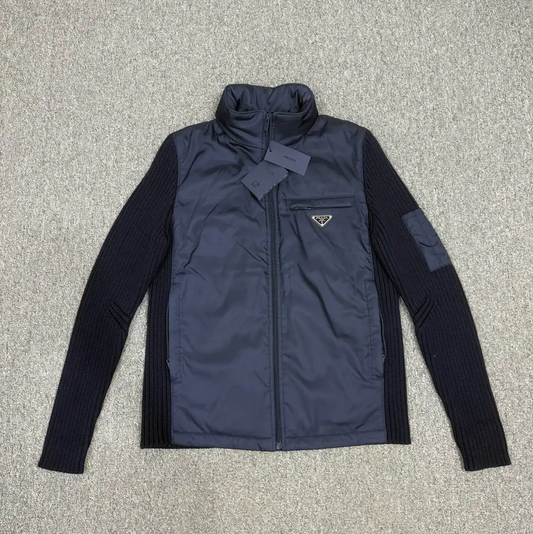 Prada Blue Nylon Jacket with Knit Sleeves