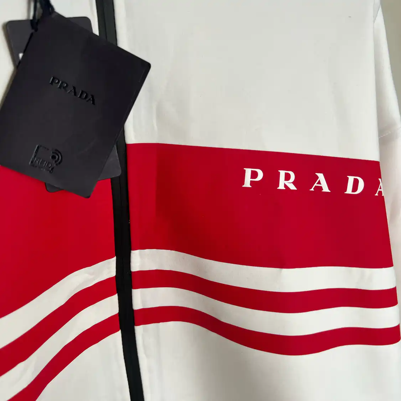 Prada Men's White Cotton Jacket with Red Stripes