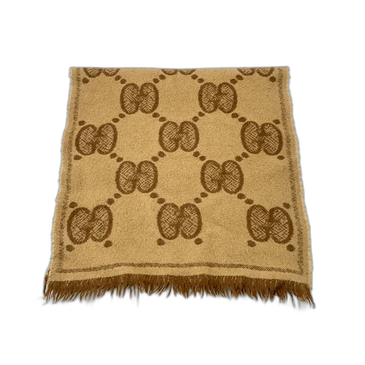 Gucci Brown Logo Wool Scarf With Fringe