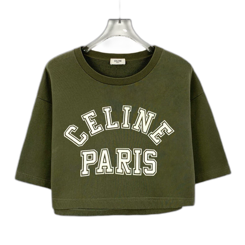 Celine Army Green Logo Printed Cotton T-Shirt