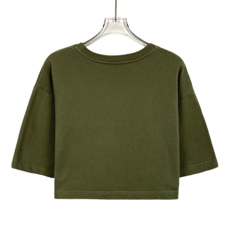 Celine Army Green Logo Printed Cotton T-Shirt